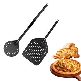 Pizzaschieber & Pizzawender Set, 12" Runde Schaufel (80cm Griff) + 8" Quadratischer Wender (40cm Griff), Rutschfester Komfortgriff, Für Zuhause Pizza & Brot Backen