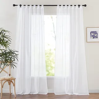 PONY DANCE Leinenoptik Transparent Vorhänge Wohnzimmer Weiße Gardinen Durchlässig 2-Set H 260 x B 140 cm Schlaufenvorhang Balkontür