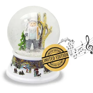 Schneekugel Weihnachtsmann mit Skiern | Sockel nostalgische Winterlandschaft | mit Spieluhr | Schüttelkugel Weihnachtsdekoration | B: 10 cm H: 13 cm | 20215