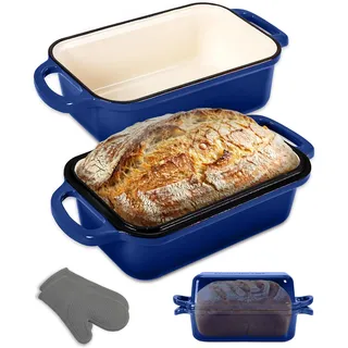 NutriChef Gusseisen Topf - Brotbackform mit Deckel - 22,9 cm Kastenform für Sauerteigbrot, emailliert, inkl. Silikonhandschuhen, spülmaschinenfest, Blau