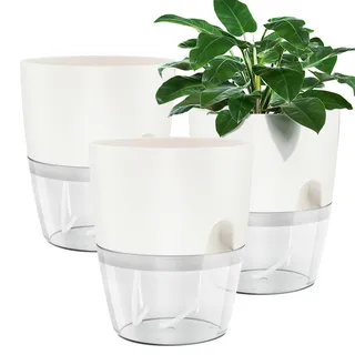 Muzhira Blumentopf Plastik, 3 stücke 23.5cm Kräutertopf mit Selbstbewässerung und Wasserspeicher, Moderne Pflanztopf für Zimmerpflanzen, Blumen und Kräuter - Weiß