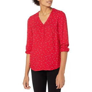 Amazon Essentials Damen 3/4 Ärmel Knopf Popover Shirt Lose V-Ausschnitt Bluse Rot Blatt Blumen Medium