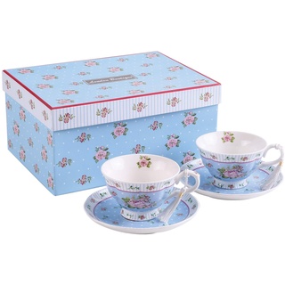 London Boutique Kaffeetassen und Untertassen, Set mit 2 Vintage-Blumen, Blumen, Rosen, Lavendel, Geschenkbox (blaues Set 2)