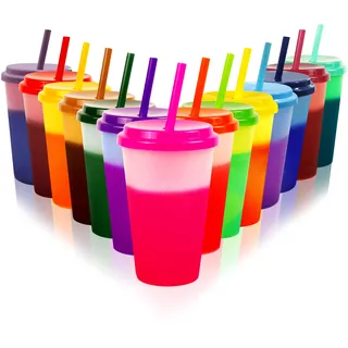 14 Stück Farbwechselbecher Trinkbecher mit Deckel und Strohhalm, 350ml | Magischer Farbeffekt bei Kaltgetränken, Perfekt für Eiskaffee Smoothies Kalte Slush, Partybecher, Plastikbecher,Mehrwegbecher