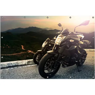 Wallario Outdoor-Poster für Garten oder Balkon, Motiv Motorräder auf einem Berg im Sonnenschein, in ca. 120 x 180 cm - Braun
