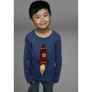 Langarmshirt KIDSWORLD "Rakete aus Wendepailletten", Jungen, Gr. 128/134, blau (marine), Single Jersey, Obermaterial: 100% Baumwolle, bedruckt, Basic, Rundhals, Shirts Langarmshirt, langärmelige, Basic-Passform, aus Jerseystoff, aus Baumwolle, Topseller