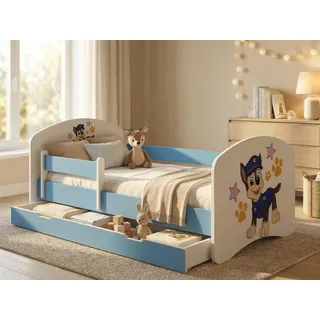 1x Happy Babies Kinderbett mit Rausfallschutz Junge 160x80 Bett für Kinderzimmer mit Schublade Matratze Einzelbett für Kinder Weiß Blau Hundemotiv - Blau