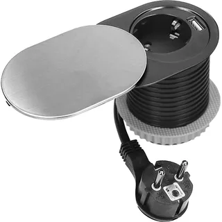 Tisch-Einbausteckdose 1x2P+E 1x USB A+C PD20W silber-schwarz - Silber, Schwarz