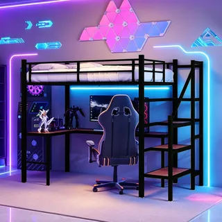 FAVSH Hochbett 90x190 cm mit Treppe, Schubladen und Regalen, stabiles Metallbett mit LED-Beleuchtung und Sicherheitsgeländer, platzsparendes Kinderbett für Erwachsene und Jugendliche, Schwarz