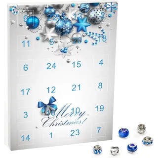 VALIOSA Mode-Schmuck Adventskalender mit Halskette, Armband + 22 individuelle Perlen-Anhänger aus Glas & Metall, Geschenkidee für Mädchen, blau, 24-teilig (1 Set) - Weiß
