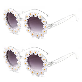 Dollger Daisy Sonnenbrille Rund Blumenmuster Vintage Party Strand UV400 Hippie Style Retro Design Für Damen Herren Bunt Sommer Festival Geschenkidee weiß