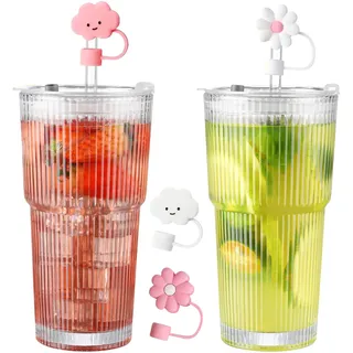 GwaOery 600ml Glasbecher mit Deckel und Strohhalm Glas Bubble Tea Becher Glasbecher Trinkglas mit Strohhalm und Deckel Longdrinkgläser Set für Saft Kaffee Wasser Tee Eiskaffee Wasser Cocktails