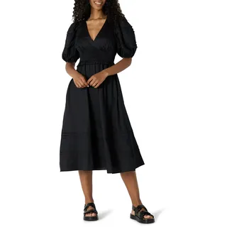 Amazon Essentials Damen Mittellanges Kleid Aus Baumwollsatin Mit Puffärmeln In Normaler Passform, Schwarz, XL