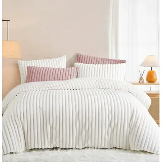 Winter Plüsch Bettwäsche 220x240 Weiß Warme Flauschig Flanell Kunstfell | ÖKO-TEX,Gestreift,Winterbettwäsche Allergiker,Teddy Cashmere Touch Biber Bettbezug 2 Kissenbezüge 80x80 mit Reißverschluss