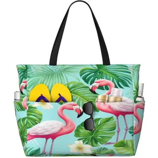 BYTUNE Strandtasche Pooltasche - Wasserdicht, faltbar, sanddicht Strand Pool Tasche mit mehreren Taschen für Sommerurlaube, Rosa Flamingo, 17.7 x 6.7 x 15 inches