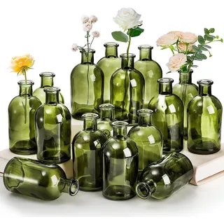 YOUEON Grüne Glasvasen, kleine Knospenvasen in Großpackung, Glas-Blumenvasen für Tafelaufsätze, Vintage-dekorative Flaschenvasen für Blumen, Heimdekoration, Hochzeitsempfang, Büro, 16 Stück