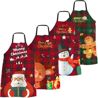 FunChaos 4 Stück Weihnachtsschürze Lustig Weihnachten Kochschürze für Frauen Männer Verstellbare Küchenschürzen Wasserdichte Schürze für Küche Backen Grillparty Weihnachtensparty, Kariert