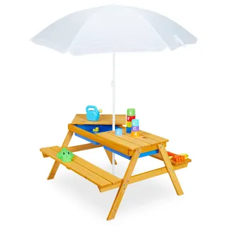 Relaxdays Kindersitzgruppe für draußen, Garten Picknickbank mit Schirm, Holz, Sand- & Wasserspieltisch für Kinder, natur, 49 x 86 x 92,5 cm
