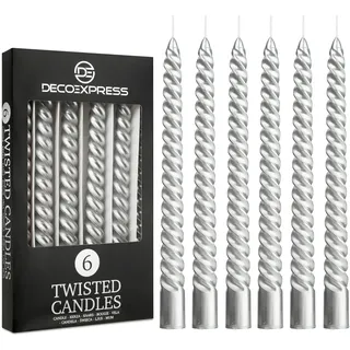 DECO EXPRESS Stabkerzen Set 3er oder 6er, Gedrehte Spiralkerzen, Bunte Kerzen, Brenndauer 6 Stunden Unparfümiert (Silber, 6er-Pack)