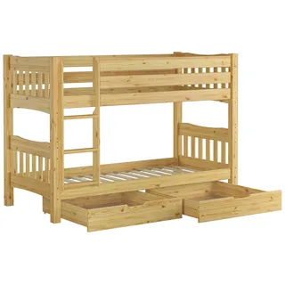 Etagenbett Kiefer Massivholzbett 90x200 Stockbett Hochbett Zubehör wählbar V-60.15-09Ni70 Rollrost und Doppelbettkasten inkl. - Naturbelassen
