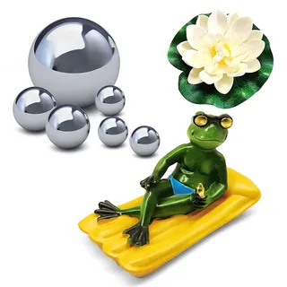 MQIAN Miniteich Deko Set,Frosch Deko Teich,Teich Deko Schwimmend, Mit 6 schwimmkugeln Silber,4 Schwimmend Lotusblätter,1 Teichfigur Frosch Ideal für Gartenteich,Springbrunnen oder Wasserschalen