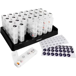 KMINA Tablettenbox Monat 31 Tage 4 Fächer, Medikamentenbox 1 Monat groß, Tablettenspender für Morgens Mittags Abends Nachts, Pillenbox 31 Tage, Medikamentendosierer monatlich