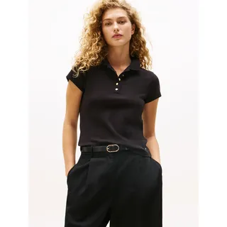 Poloshirt TOMMY HILFIGER "GOLD BUTTON SLIM SS POLO", Damen, Gr. L (40), schwarz, Single Jersey, Obermaterial: 96% Baumwolle, 4% Elasthan, unifarben, slim fit, Shirts Poloshirt, mit goldfarbenen Knopf