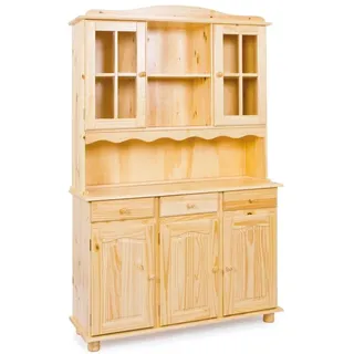 Inter Link – Vitrinenschrank - Küchenschrank - Geschirrschrank - Esszimmerschrank – Vitrine – Standvitrine - Landhausstil - Kiefer Massivholz – 3 Türig - Toscana – Natur lackiert