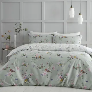 Catherine Lansfield Bettwäsche Singbird King Bettbezug Set mit Kissenbezügen, salbeigrün