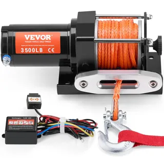 Vevor Elektrische Seilwinde, 3500 lb Seilzugkapazität, 12 V DC ATV/UTV-Winde mit Φ3/16 Zoll x 39 Fuß 12 Strängen Synthetikseil, Aluminium-Seilführung, IP55, zum Schleppen von UTV, ATV, Boot