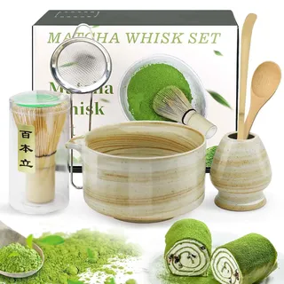 GD HUA 6 Stück Matcha Set, Matcha Tee Sets, Keramik Matcha Schale mit Ausgießer, Bambus Matcha Besen, Chashaku, Holzlöffel, Edelstahlsieb, für Haus, Büro, Teestube (Grau)