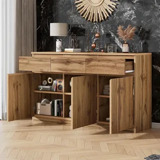 MODFU Sideboard Holz,Kommode mit 3 Türen und 3 Schubladen,Beistellschrank mit verstellbarem Regal für Wohnzimmer,Holzoptik - Braun