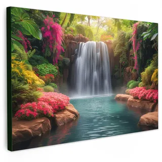 MuchoWow Leinwandbild Wasserfall - Natur - Pflanzen - Dschungel - Wasser XXL 150x100 cm , Grün , Textil , Kiefer , Rechteckig , 150x100 cm , FSC 100% , gerahmt , Bilder & Rahmen, Bilder, Leinwandbilder