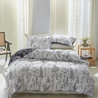 Damier Bettwäsche 135x200 Weiß Schwarz Blumen Blätter Motiv Wende Bettwäsche Weich Kuschelig Bettbezug Set Mikrofaser Deckenbezug 2teilig mit Reißverschluss und 80x80 cm Kissenbezug