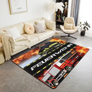 Homewish Feuerwehrmann Teppich Kinder Feuerwehr Auto Fahrzeug Teppiche Wohnzimmer für Jungen Mädchen Jugendliche,Feuerwehr Muster Carpet Modern Schlafzimmer Dekor 150x200 Pflegeleicht Bild