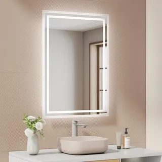 EMKE Badezimmerspiegel mit Beleuchtung, 50 x 70 cm, beschlagfrei, 2 Farbtemperaturen (Warmweiß/Kaltweiß), Wippschalter, horizontal/vertikal, LED-Spiegel, IP44