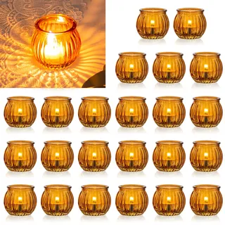 NUPTIO Teelichthalter Teelichtgläser Kürbis Glas: 24 Stück Bernstein | Votivkerzenhalter Weihnachten Teelicht Gläser Vintage Bulk Kleine Teelichtglas Gerippt Hochzeit Tischdekoration Wohnzimmer