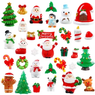 XIMISHOP 32 Stück Weihnachten Mini Figuren Harz, Kleine Christmas Figurines Miniatur Weihnachtsmann Schneemann Weihnachtsbaum Mini Ornamente Weihnachtsfiguren Tischdeko für Xmas Party Geschen