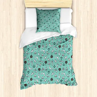 ABAKUHAUS Marine Bettbezug Set für Einzelbetten, Sailor Vögel Boote Anker, Milbensicher Allergiker geeignet mit Kissenbezug, 135 cm x 200 cm - 80 x 80 cm, Seafoam Grau - Grau