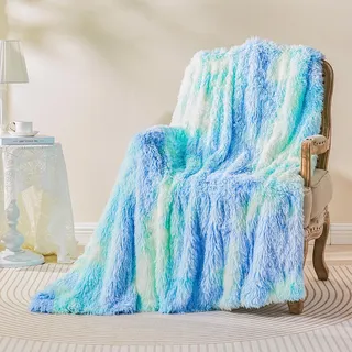 EMME Faux Kuscheldecke Flauschig, Felldecke, Pelz Wolldecke, Wohndecke, Super Weich, Plüschig, Dicke, Lange Haare Shaggy Decke, Warme für Sofa und Bett (Tie Dye Blau Grüne, 130 x 150 cm)