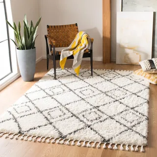 SAFAVIEH Zottelig Teppich für Wohnzimmer, Esszimmer, Schlafzimmer - Moroccan Tassel Shag Collection, Kurzer Flor, Elfenbein und Dunkelgrau, 183 X 274 cm