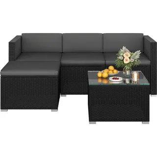 Yaheetech 5er Gartenmöbel Set Balkonmöbel Set aus PE-Rattan Wetterfest Terassenmöbel Außen mit 2 Ecksofa & Sofa & Stuhl & Beistelltisch & Sitzkissen für Garten/Balkon/Terrasse, Schwarz & Grau