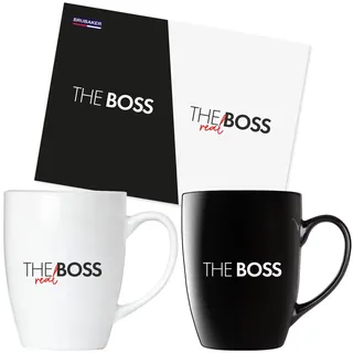 BRUBAKER Kaffeetassen The Boss & The Real Boss mit Grußkarte - Pärchen Kaffeebecher Schwarz und Weiß - 300 ml Tassen Geschenkset - Mug Set in Geschenkbox für Valentinstag, Hochzeit und Weihnachten