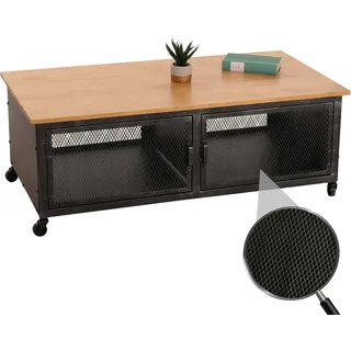 Couchtisch HWC-N28, Sofatisch, Rollen 2 Fächer, 3D-Struktur Industrial Retro Metall Holz 45x120x60cm schwarz, natur - Beige