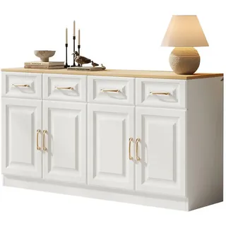 Stilvora Sideboard in Weiß Buffetschrank mit 4 Scheunentüren und 4 Schubladen für Esszimmer und Wohnzimmer, B140/T40/H75cm , Weiß, Eichefarben , Holzwerkstoff , 2 Fächer , Rechteckig,Rechteckig , 140x75x40 cm , Kleinmöbel, Kommoden, Sideboards