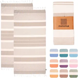 MOMOMUS 2er-Set Fouta XL oder Strandtuch aus Baumwolle 100% - Saugfähig, Ultraweich, Kompakt - Ideal als Strandhandtuch, Hamamtuch und Saunahandtuch - Beige, 90x180cm