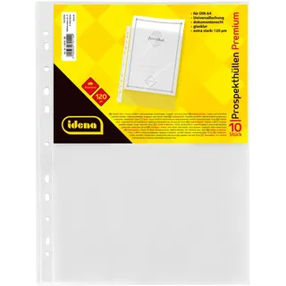 IDENA 10010 - 10 Stück Klarsichthüllen A4 glasklar, Prospekthüllen aus Kunststoff 120μ, dokumentenecht, Klarsichtfolien mit Universallochung