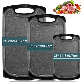 Schneidebrett Kunststoff, Hunnycook 3-teiliges Schneidebrett Set mit Saftschacht und Rutschfestem Silikon, Schwarzes antibakterielles schneidebrett/Plastik-Frühstücksbrett, BPA-frei, spülmaschinenfest