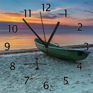 Wallario Design Wanduhr Einsames Fischerboot mit Anker am Strand aus Echtglas, Größe 30 x 30 cm - Blau