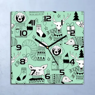 Wanduhr Echt-Glas-Küchenuhr Skandinavische Waldtiere Winter 30x30 Deko Bilder - Grün